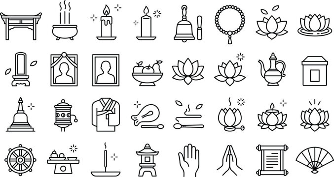 Buddhist Funeral Ritual Icon Set with Lotus Flower and Ancestral Alter Symbols