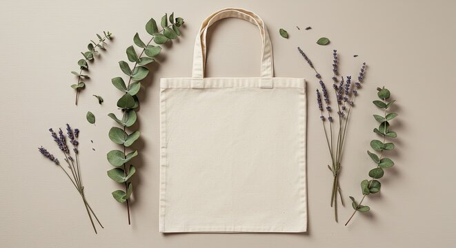 A natural tote bag surrounded by eucalyptus leaves and lavender flowers on a beige surface
