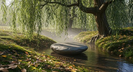 Obraz premium Peaceful Forest Stream with Flat Stone Podium Under a Weeping Willow Tree in Soft Morning Sunlight
