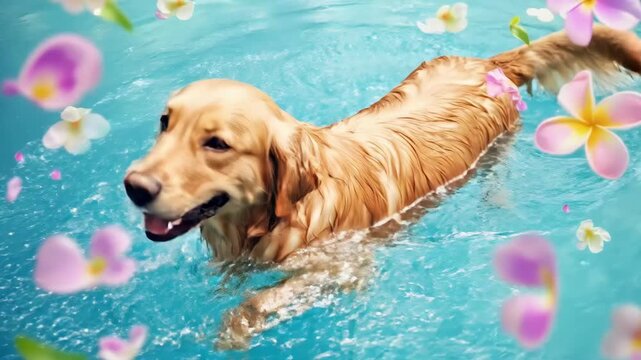 Happy golden retriever dog swimming in a pool with floating flowers and petals, a summertime leisure scene, ideal for pet care and animal welfare themes
