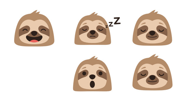 Set of cute sloth faces showing different emotions like happiness, sleepiness, and surprise.