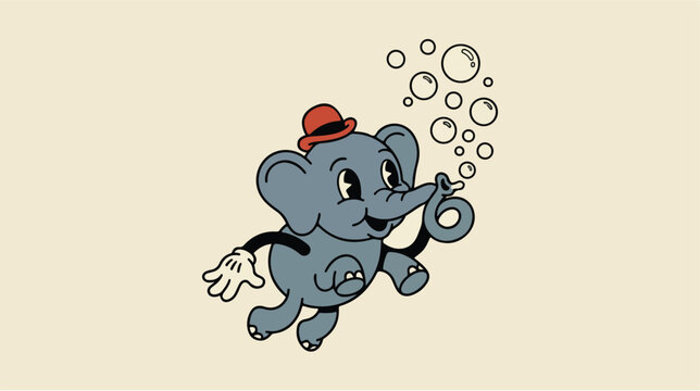 Cartoon Elephant Blowing Bubbles Outdoors.