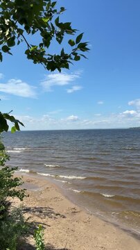 Peaceful Lakeside Vista: Gentle waves lap a sandy shore under a clear blue sky dotted with soft clouds, framed by lush green foliage.