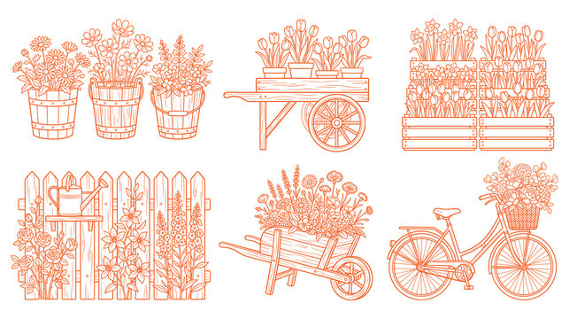 Hand drawn spring garden set with flowers in buckets wheelbarrows and bicycles illustration.