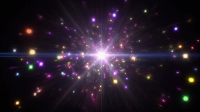 中央から飛び出すカラフルで可愛らしい色合いの光のパーティクル（宇宙、銀河、ファンタジー世界など）