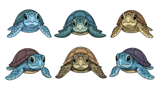 Collection of six cute cartoon sea turtles with different shell colors and patterns, facing forward.