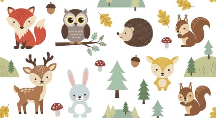 Obraz premium Cute Woodland Animals Seamless Pattern with Fox Owl Deer Rabbit and Squirrel in Forest Illustration for Kids Nursery Decor