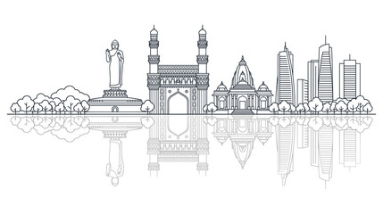 Obraz premium Hyderabad city skyline silhouette with landmarks and reflection on water surface background.
