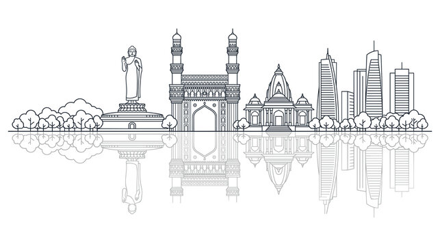 Hyderabad city skyline silhouette with landmarks and reflection on water surface background.