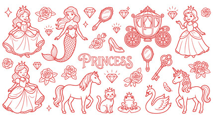 Royal princess line art collection for coloring featuring magical characters and ornaments. © md