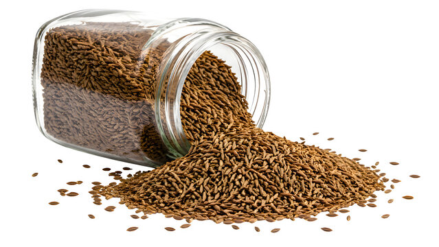 Cumin Seeds Transparent PNG Spilling from Glass Jar with Natural Brown Texture Detail