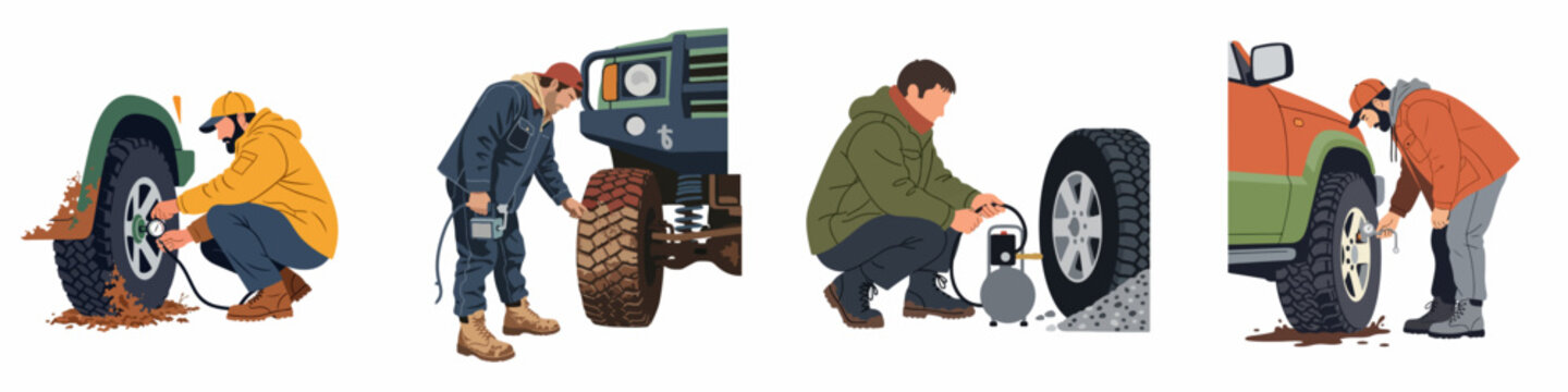 Set of illustrations depicting men checking tire pressure and inflating off-road vehicle tires with portable compressors in outdoor and muddy conditions.