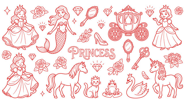 Royal princess line art collection for coloring featuring magical characters and ornaments.