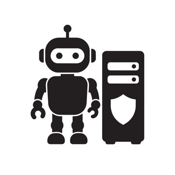 Robot standing beside secure server tower vector graphic icon