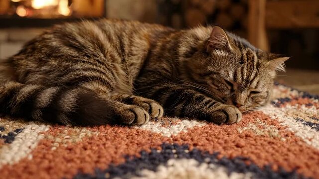 Tabby cat sleeping peacefully on a patterned rug near a fireplace