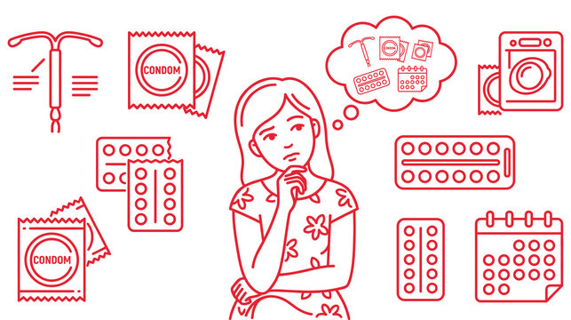 Woman thinking about contraception methods with different birth control outline options.