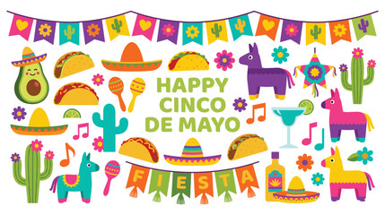 Fototapeta premium Colorful cinco de mayo celebration elements with mexican symbols and festive icons set.