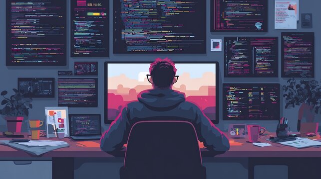 Young male programmer in tech office with multiple code screens and modern workspace