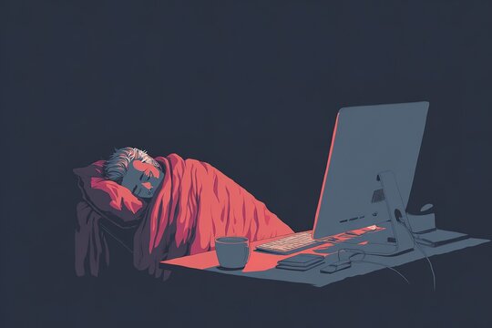 Young caucasian male sleeping at desk with computer in dimly lit room