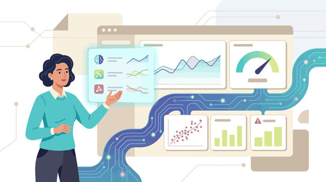 AI Analytics Dashboard Illustration with Machine Learning Monitoring and Predictive Business Metrics