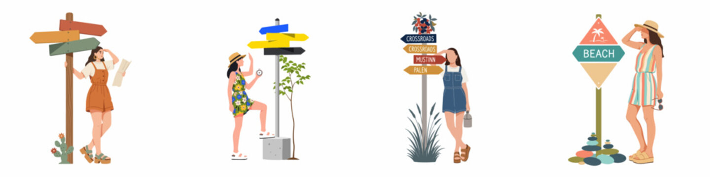 Set of four illustrations featuring young women travelers standing by directional signposts and a beach sign on white background.