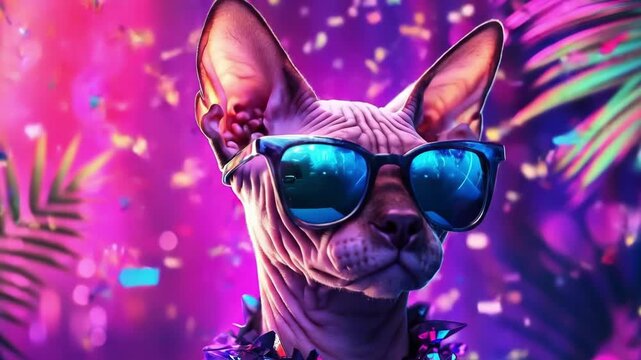 Sphynx cat wearing sunglasses and flower lei at a colorful tropical party. Cool animal having fun in club with vibrant lights and confetti for celebration.