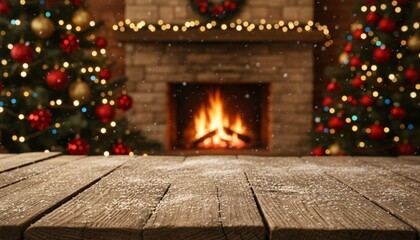 Fototapeta premium Cozy Christmas scene with a roaring fireplace, decorated trees, and a wooden table in the foreground, perfect for holiday greetings.