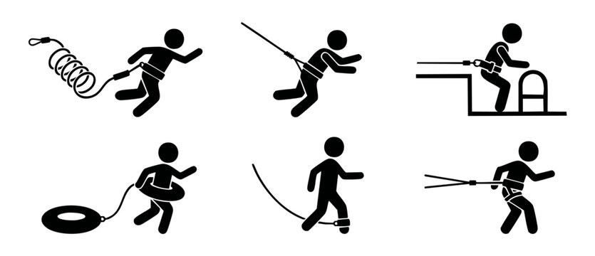 Safety harness stick figure icons set showing bungee jumping, fall arrest, resistance training, and outdoor recreation safety equipment vector symbols for warning signs and instructional manuals.