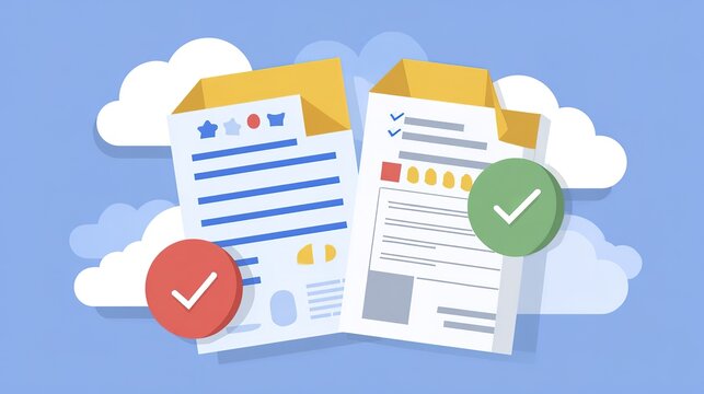 Illustrated email and document verification with cloud storage icons