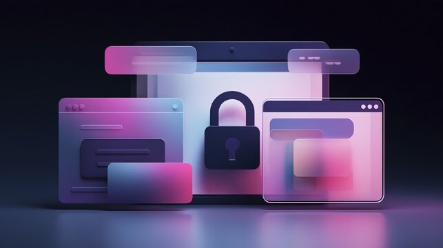 Digital security concepts with lock and website browser interfaces in abstract purple gradient