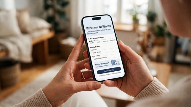 Woman setting up finara account on smartphone