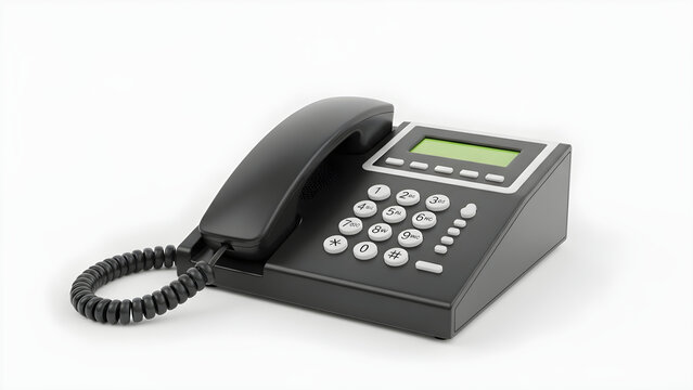A black office phone with keypad and corded handset on a plain surface