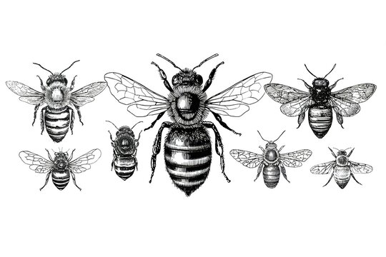 Intricate black and white honey bee illustrations with detailed wing patterns