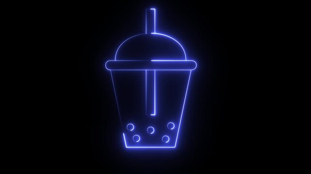 A blue glowing LED neon sign shaped like a boba tea cup.