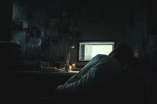 Male adult working late at night in dark home office with computer