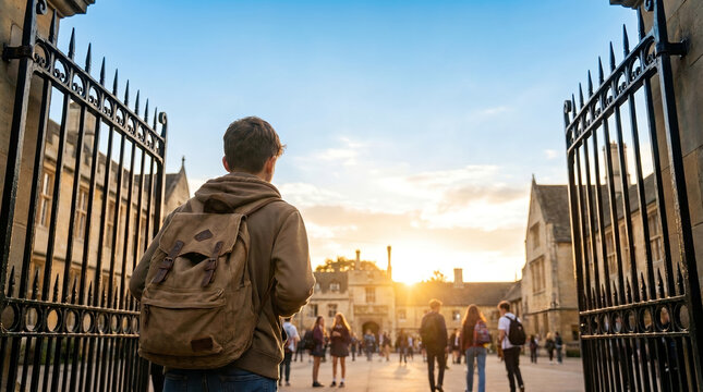 Young male student with backpack, entering through open iron gates at sunset, walking forward into a university courtyard, higher education concept