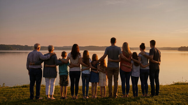 Large multi-generational family standing in a line hugging, looking out over a calm lake at golden hour sunset, standing together on a grassy shore, family reunion concept
