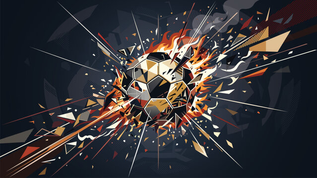 Abstract geometric soccer ball exploded and burst into flames with dark background