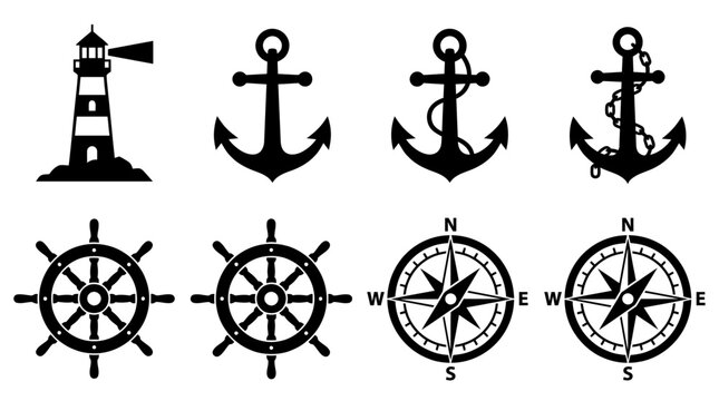 Black nautical icons set with lighthouse anchors ship wheels and compasses