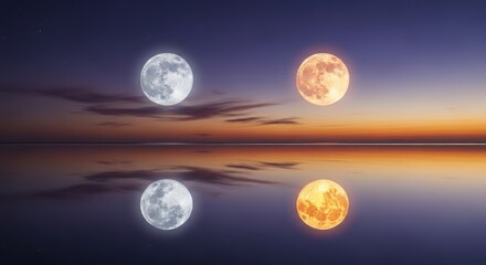 Fototapeta premium Surreal Night Landscape with Two Full Moons Reflecting in Calm Water at Sunset or Sunrise