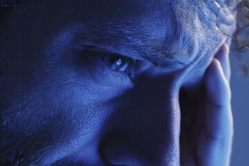 Fototapeta premium Close-up of caucasian male adult in deep thought with intense blue lighting
