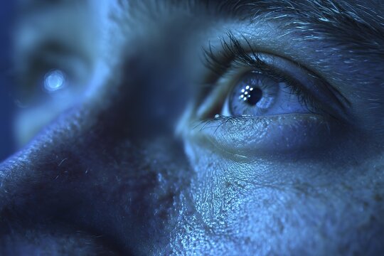 Close-up of male eye in blue light reflections