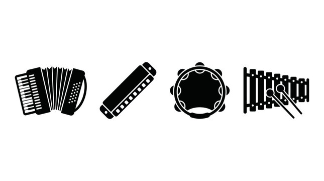 Accordion harmonica tambourine and xylophone musical instrument icons