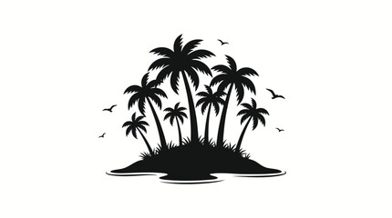 Obraz premium Tropical Island Paradise Silhouette with Palm Trees and Flying Birds Vector