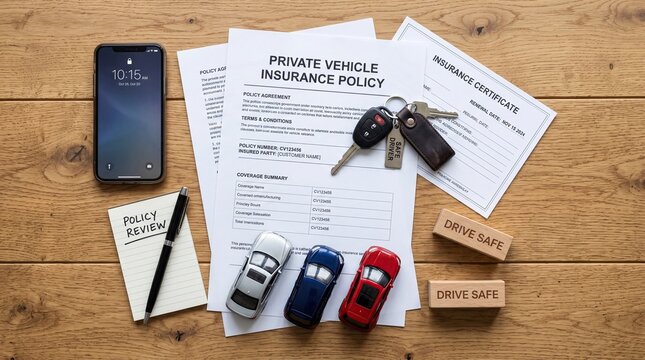 Car insurance documents with keys smartphone and toy vehicles