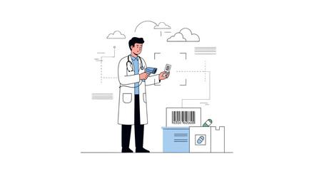 Fototapeta premium Doctor Scanning Barcodes on Medicine Packages for Inventory Management and Logistics in Healthcare