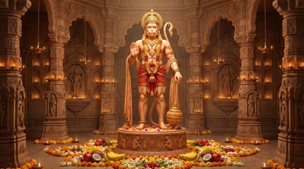 Fototapeta premium hanuman, deity, standing, ornate, temple, interior, dramatic, lighting, offerings, belief, devotion, divine, faith, god, mythology, prayer, spiritual, spirituality, blessing, hinduism, offering, worsh