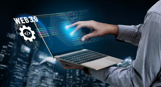 The concept of Web 3.0 development and decentralized data processing. The flow of binary code and information in the next generation internet. Motif