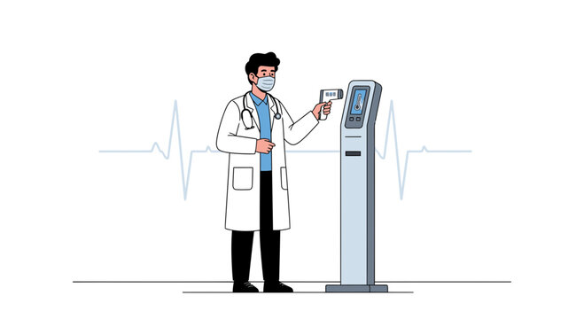 Doctor with Medical Thermometer and Temperature Screening Kiosk, Health Check Concept