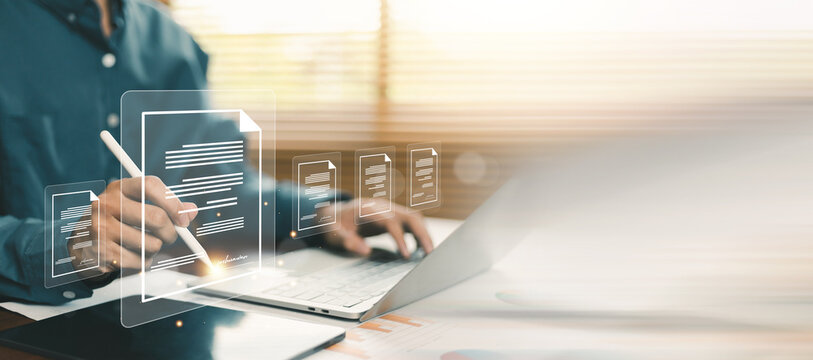 Digital document management and paperless workflow concept with electronic files, cloud documentation and online business processes. Professional using technology for secure data management, document